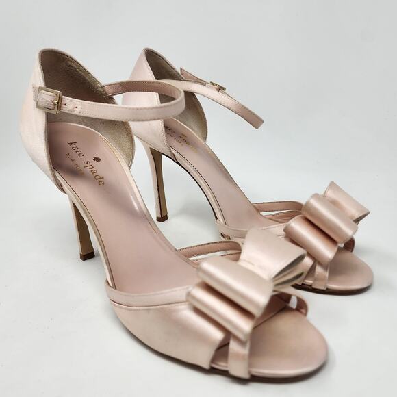 Kate Spade Heels Women 9 Blush Pink Double Bow Satin Peep Toe Ankle Strap Sandal - Picture 1 of 11